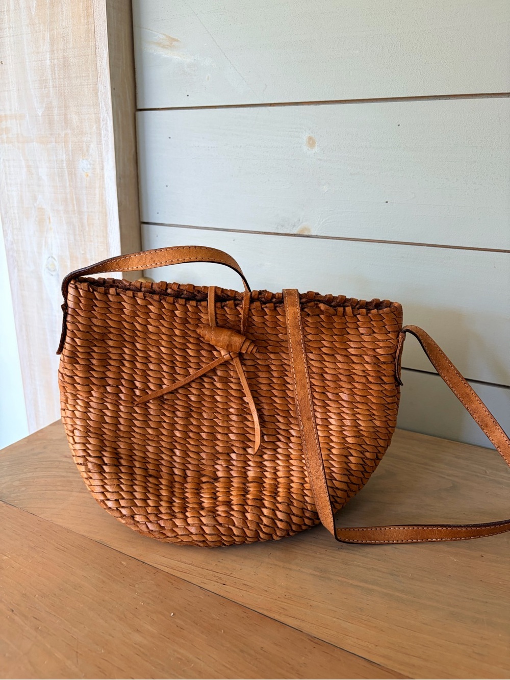 Vintage Woven Leather Crossbody Bag Cognac Brown Boho